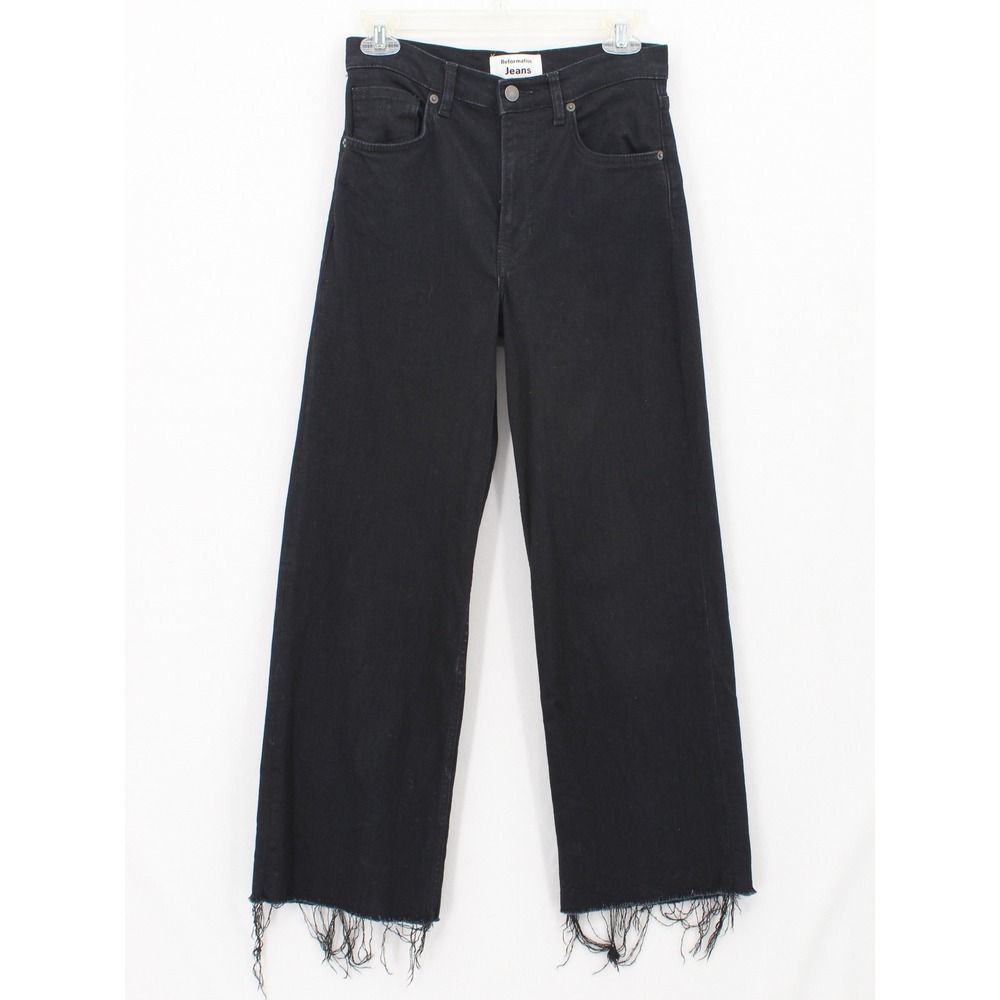 Reformation Emma High Rise Wide Leg Jeans womens 27 Raw Frayed Hem Black Edgy - Picture 1 of 12